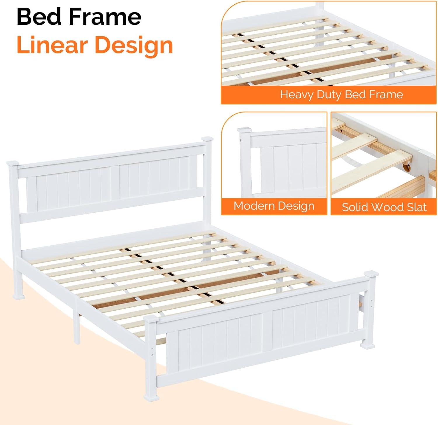 imageVINGLI Solid Wood Queen Size Bed Frame with 4 Storage Drawers for Modern Decor Platform Bed with Headboard SpaveSaving Queen Panel Bed for Kids Teens Adults White