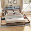 imageVINGLI Queen Bed Frame with 4 Storage Drawers and Headboard Metal Platform Bed with Charging Station and RGB LED Lights No Box Spring Needed Noise Free Easy Assembly Vintage BrownWash Grey