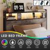 imageVINGLI Queen Bed Frame with 4 Storage Drawers and Headboard Metal Platform Bed with Charging Station and RGB LED Lights No Box Spring Needed Noise Free Easy Assembly Vintage BrownWash Grey