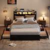 imageVINGLI Queen Bed Frame with 4 Storage Drawers and Headboard Metal Platform Bed with Charging Station and RGB LED Lights No Box Spring Needed Noise Free Easy Assembly Vintage BrownBlack