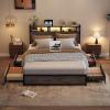imageVINGLI Queen Bed Frame with 4 Storage Drawers and Headboard Metal Platform Bed with Charging Station and RGB LED Lights No Box Spring Needed Noise Free Easy Assembly Vintage BrownWash Grey
