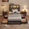 imageVINGLI Queen Bed Frame with 4 Storage Drawers and Headboard Metal Platform Bed with Charging Station and RGB LED Lights No Box Spring Needed Noise Free Easy Assembly Vintage BrownWash Grey