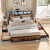 imageVINGLI Queen Bed Frame with 4 Storage Drawers and Headboard Metal Platform Bed with Charging Station and RGB LED Lights No Box Spring Needed Noise Free Easy Assembly Vintage BrownVintage Brown