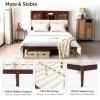 imageVINGLI Wood Full Size Bed Frame with Extra Tall 52 inches Storage Headboard Bookcase LED Platform Bed with Charging Station Mid Century Modern Furniture with Fluted Sliding Door Design Walnut Brown