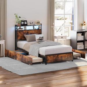 imageVINGLI Queen Bed Frame with 4 Storage Drawers and Headboard Metal Platform Bed with Charging Station and RGB LED Lights No Box Spring Needed Noise Free Easy Assembly Vintage BrownVintage Brown