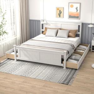 imageVINGLI Solid Wood Queen Size Bed Frame with 4 Storage Drawers for Modern Decor Platform Bed with Headboard SpaveSaving Queen Panel Bed for Kids Teens Adults White