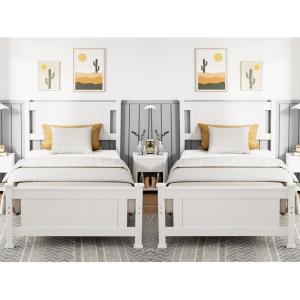imageVINGLI Twin Bed Frame Set of 2 Solid Wood Platform Bed Frame Single Bed with Headboard No Box Spring Needed Panel Bed Wood Slat Support Mattress Foundation White