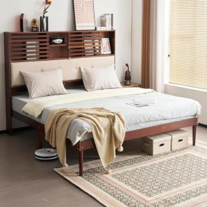 imageVINGLI Wood Full Size Bed Frame with Extra Tall 52 inches Storage Headboard Bookcase LED Platform Bed with Charging Station Mid Century Modern Furniture with Fluted Sliding Door Design Walnut Brown