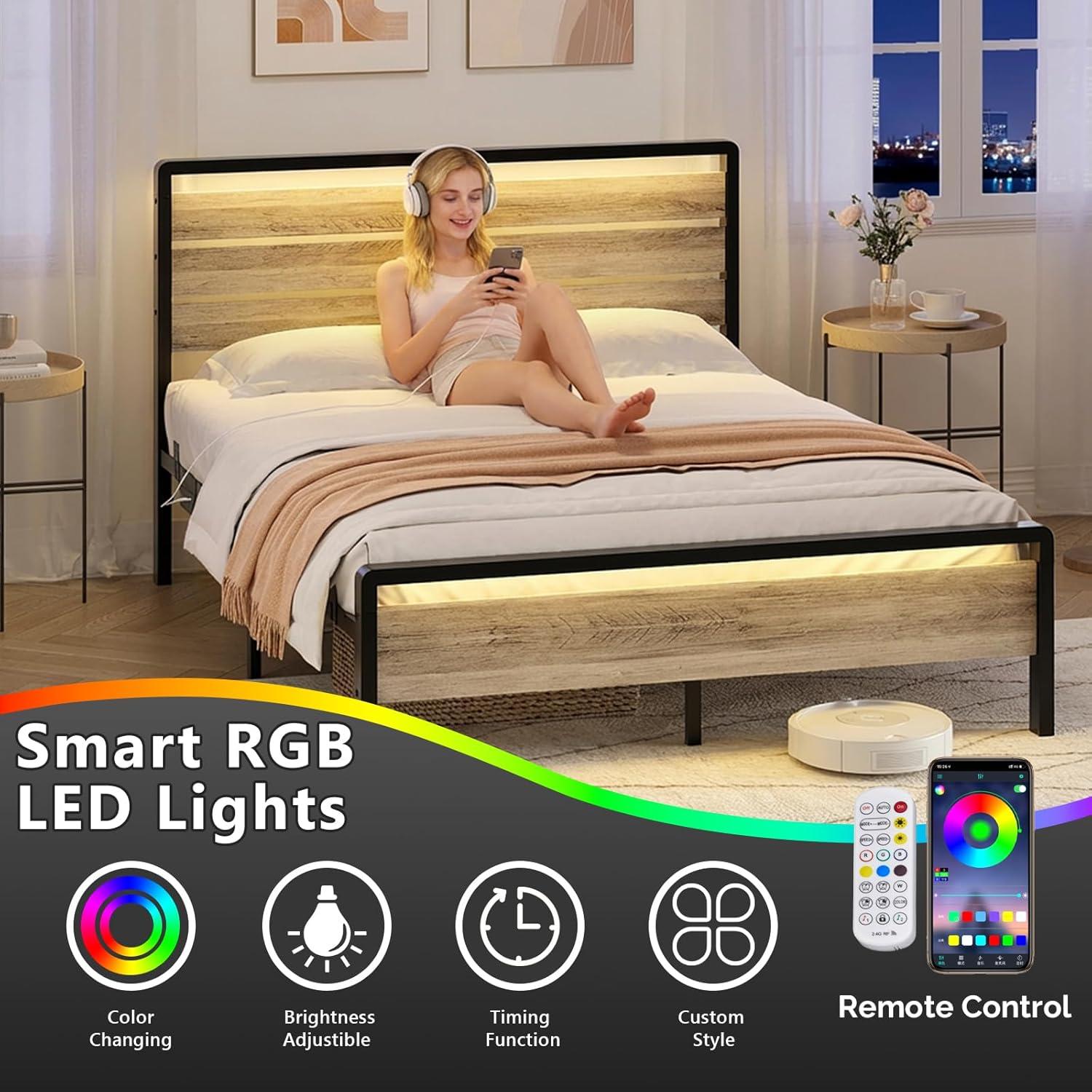 imageVINGLI Queen Platform Bed Frame with 12Inch UnderBed Storage Space RGB LED Headboard ampamp Footboard 2 AC 2 USB 1 TypeC Charging Ports Sturdy Metal NoiseFree Design Modern Apartment BedroomBlackWash Gray