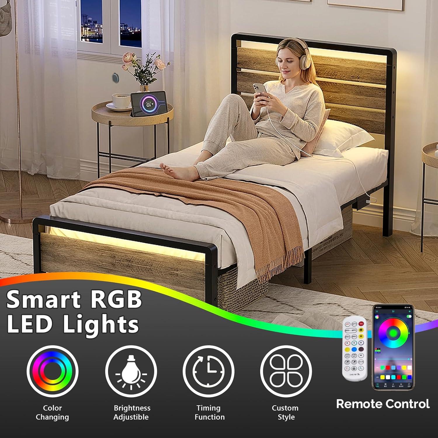 imageVINGLI Queen Platform Bed Frame with 12Inch UnderBed Storage Space RGB LED Headboard ampamp Footboard 2 AC 2 USB 1 TypeC Charging Ports Sturdy Metal NoiseFree Design Modern Apartment BedroomBlackWash Gray