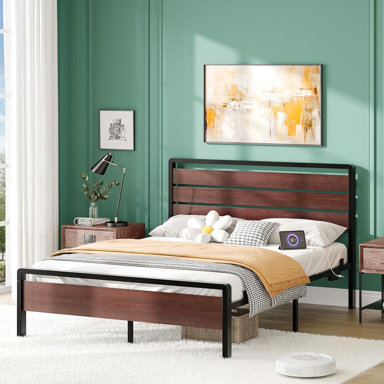 imageVINGLI Queen Platform Bed Frame with 12Inch UnderBed Storage Space RGB LED Headboard ampamp Footboard 2 AC 2 USB 1 TypeC Charging Ports Sturdy Metal NoiseFree Design Modern Apartment BedroomBlackMahogany Brown