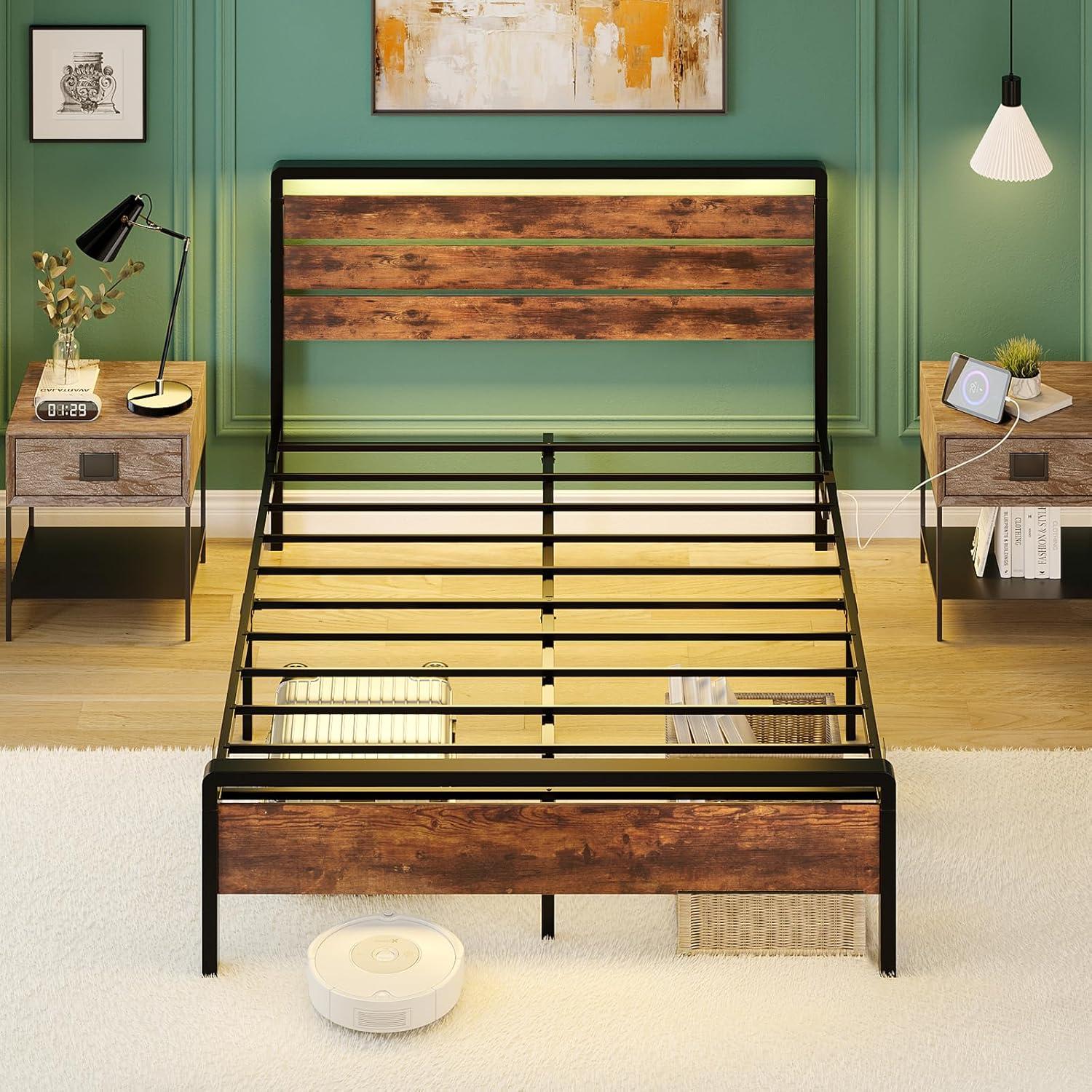 imageVINGLI Queen Platform Bed Frame with 12Inch UnderBed Storage Space RGB LED Headboard ampamp Footboard 2 AC 2 USB 1 TypeC Charging Ports Sturdy Metal NoiseFree Design Modern Apartment BedroomBlackIndustrial Brown