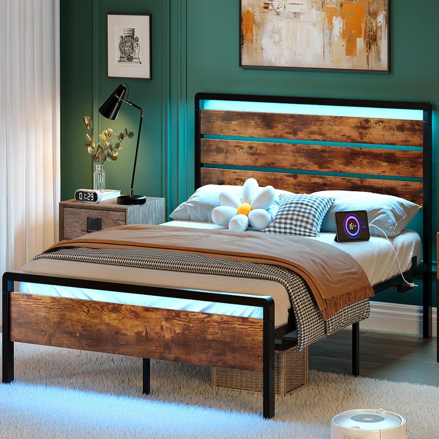 imageVINGLI Queen Platform Bed Frame with 12Inch UnderBed Storage Space RGB LED Headboard ampamp Footboard 2 AC 2 USB 1 TypeC Charging Ports Sturdy Metal NoiseFree Design Modern Apartment BedroomBlackIndustrial Brown