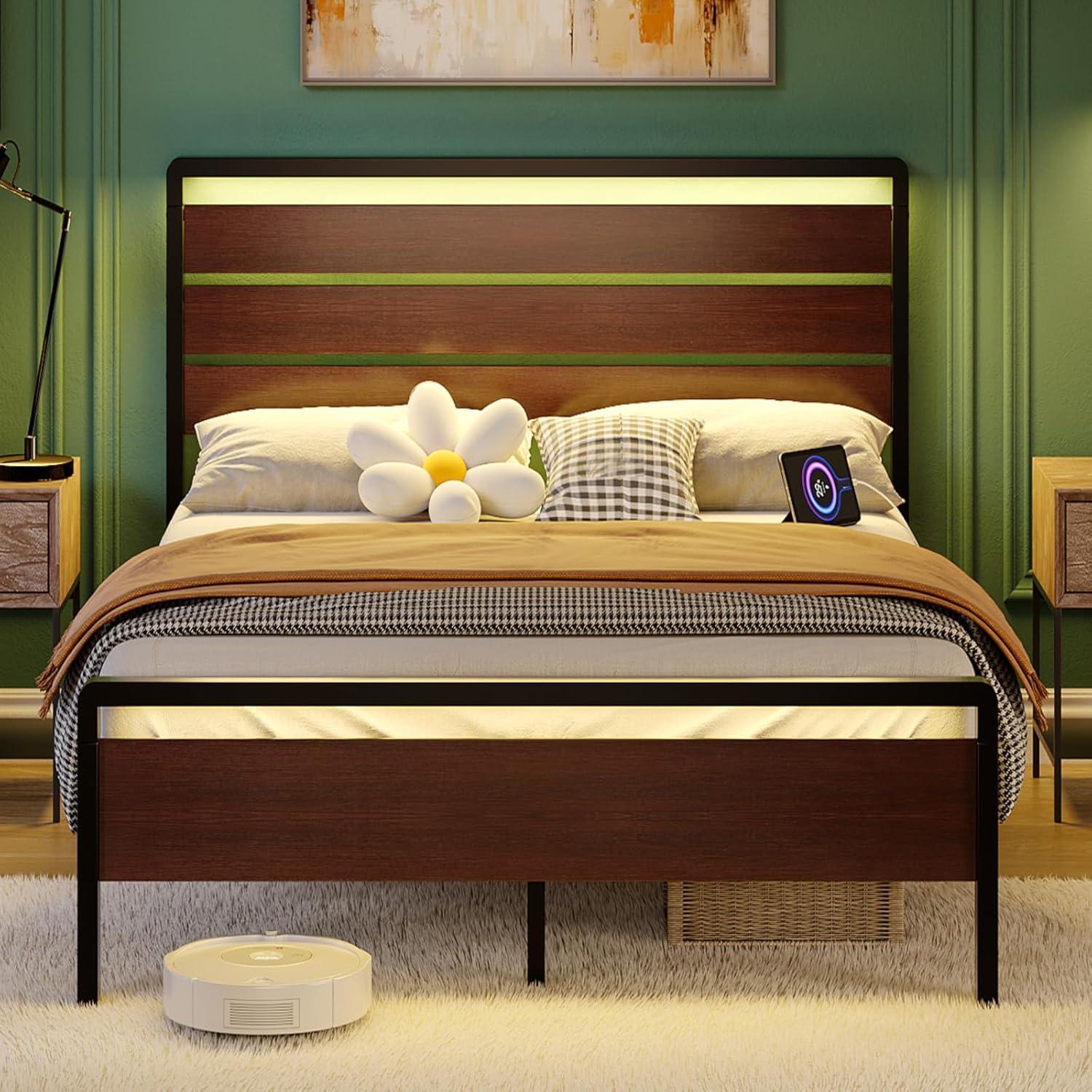 imageVINGLI Queen Platform Bed Frame with 12Inch UnderBed Storage Space RGB LED Headboard ampamp Footboard 2 AC 2 USB 1 TypeC Charging Ports Sturdy Metal NoiseFree Design Modern Apartment BedroomBlackMahogany Brown
