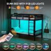 imageVINGLI Solid Wood Bunk Bed Twin Over Twin with LED LightsUSB Port Charge StationScoring Rungs Convertible Bunk Beds with Extra 15 inches Tall Guardrial and Ladder for Kids BlackBlack  Led Lights