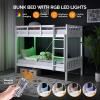 imageVINGLI Solid Wood Bunk Bed Twin Over Twin with LED LightsUSB Port Charge StationScoring Rungs Convertible Bunk Beds with Extra 15 inches Tall Guardrial and Ladder for Kids BlackWhite  Led Lights