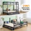 imageVINGLI Solid Wood Bunk Bed Twin Over Twin with LED LightsUSB Port Charge StationScoring Rungs Convertible Bunk Beds with Extra 15 inches Tall Guardrial and Ladder for Kids BlackBlack