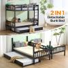 imageVINGLI Solid Wood Bunk Bed Twin Over Twin with LED LightsUSB Port Charge StationScoring Rungs Convertible Bunk Beds with Extra 15 inches Tall Guardrial and Ladder for Kids BlackBlack
