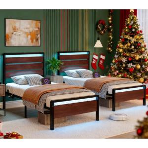 imageVINGLI Set of 2 Twin Bed Frames for KidsBoucle Upholstered Platform Bed with Adjustable HeadboardSturdy Wood Slats SupportCloud Single Bed with Cream DesignNoise Free Easy Assembly BeigeLed Metal Mahogany Brown