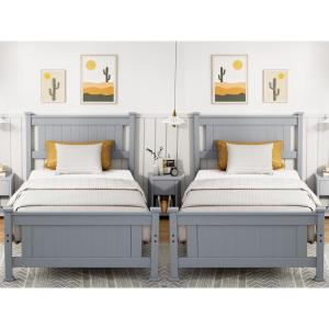 imageVINGLI Set of 2 Twin Bed Frames for KidsBoucle Upholstered Platform Bed with Adjustable HeadboardSturdy Wood Slats SupportCloud Single Bed with Cream DesignNoise Free Easy Assembly BeigeWood Gray