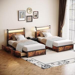 imageVINGLI Set of 2 Twin Bed Frames for KidsBoucle Upholstered Platform Bed with Adjustable HeadboardSturdy Wood Slats SupportCloud Single Bed with Cream DesignNoise Free Easy Assembly BeigeLed Metal Industrial Brown