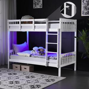 imageVINGLI Solid Wood Bunk Bed Twin Over Twin with LED LightsUSB Port Charge StationScoring Rungs Convertible Bunk Beds with Extra 15 inches Tall Guardrial and Ladder for Kids BlackWhite  Led Lights