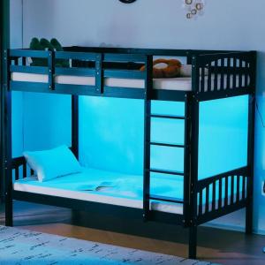 imageVINGLI Solid Wood Bunk Bed Twin Over Twin with LED LightsUSB Port Charge StationScoring Rungs Convertible Bunk Beds with Extra 15 inches Tall Guardrial and Ladder for Kids BlackBlack  Led Lights