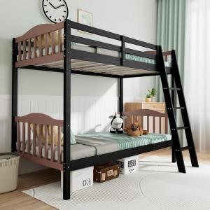 imageVINGLI Solid Wood Bunk Bed Twin Over Twin with LED LightsUSB Port Charge StationScoring Rungs Convertible Bunk Beds with Extra 15 inches Tall Guardrial and Ladder for Kids BlackBlack  Brown