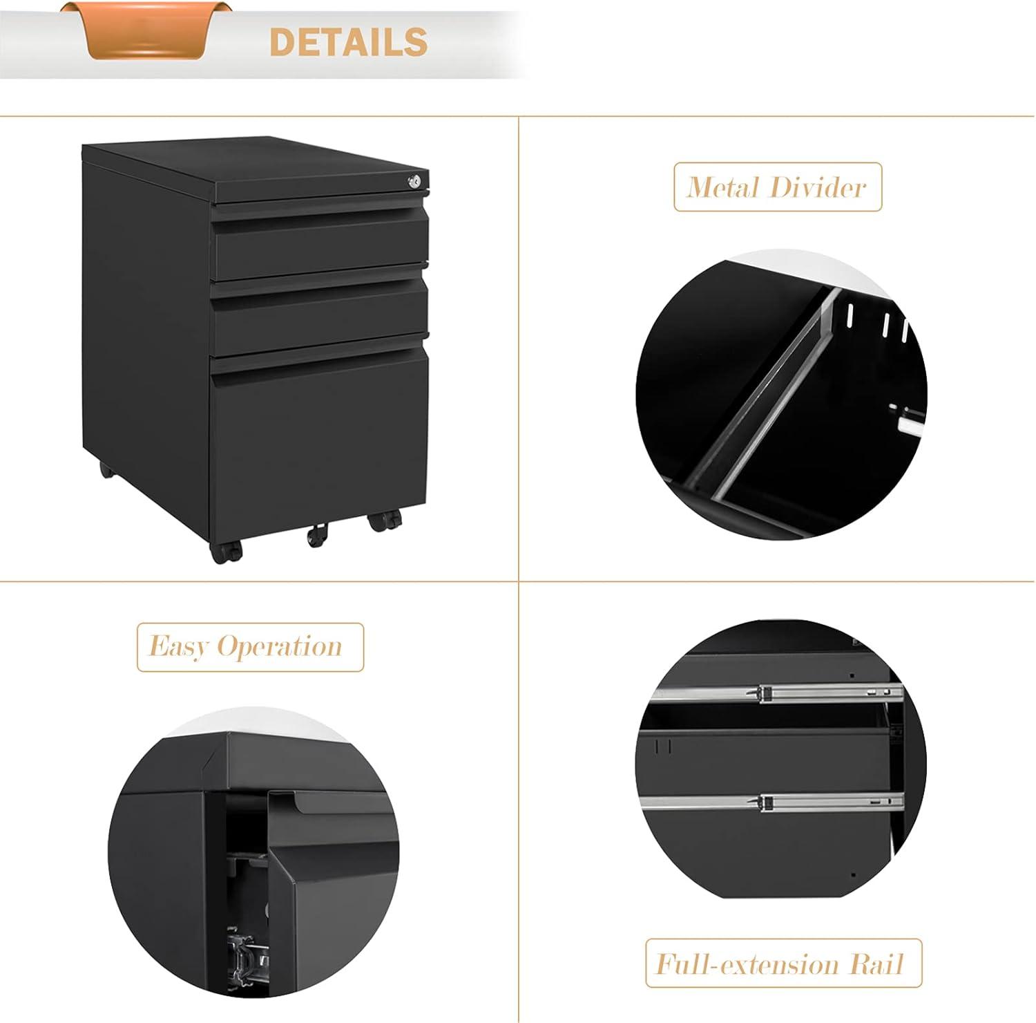 imageVINGLI 3Drawer Rolling File Cabinet with Lock Under Desk File Cabinet for HomeampampOffice Metal Office Drawers with Lock Fully Assembled BlackBlack