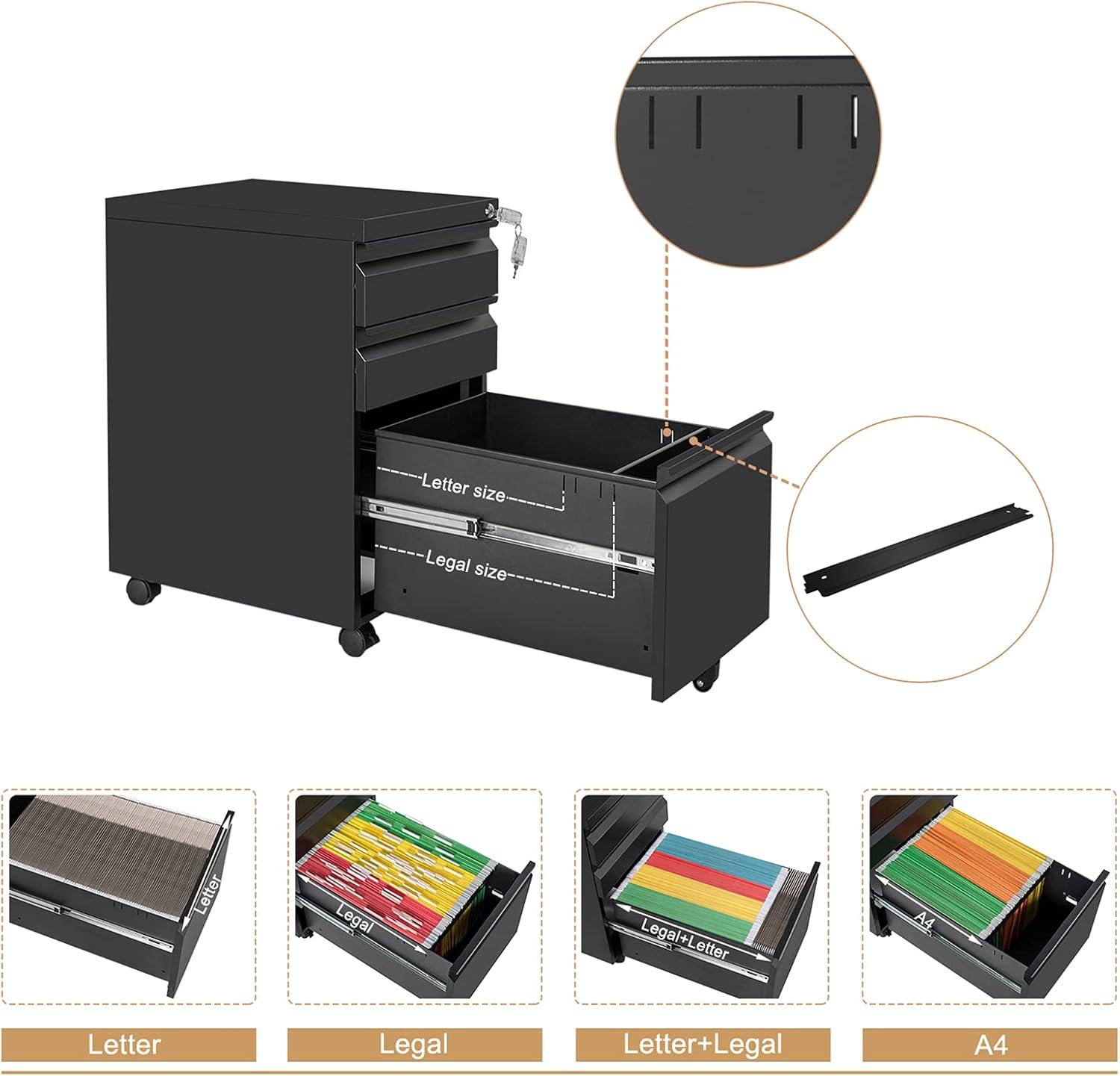 imageVINGLI 3Drawer Rolling File Cabinet with Lock Under Desk File Cabinet for HomeampampOffice Metal Office Drawers with Lock Fully Assembled BlackBlack