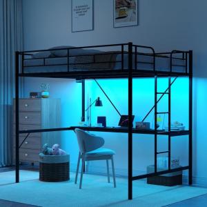imageVINGLI Loft Bed Queen Size with Charging Station and LED LightsSafety Guardrail and Stair for TeensAdults No Box Spring Needed Heavy Duty Metal Support Slat BlackBlack
