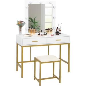 image:imageVINGLI Large Vanity Set with Lighted MirrorModern Makeup Vanity Table Set with LED Lights in 3 ColorsBedroom Dressing Table with 2 Large Drawers and Storage Shelves for WomenWhiteampGold