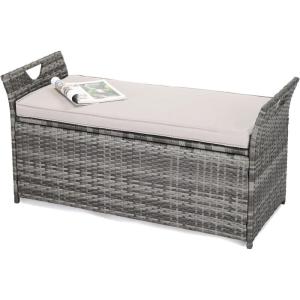image:imageVINGLI 40 Gallon Outdoor Storage Bench with Cushion Rattan Storage Box Patio Wicker Deck Box with Seat for Garden  Balcony  Porch  Pool  Yard Grey Frame  Light Grey CushionGrey