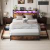 image:imageVINGLI LED Twin Bed Frame with 4 Storage Drawers and Adjustable Headboard Shelf Metal Platform Panel Bed with Charging Station for Kids Teens Adults No Box Spring Needed BlackVintage Brown