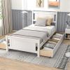 image:imageVINGLI Twin Size Bed Frame with 4 Storage Drawers Solid Wood Platform Panel Bed with Headboard SpaveSaving Twin Bed for Kids Teens Adults White
