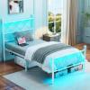 image:imageVINGLI Twin Size Metal Bed Frame with LED Lights amp Charging Station Heavy Duty Platform Bed with headboard for Kids Adults amp Guests No Box Spring Needed Matte BlackWhite