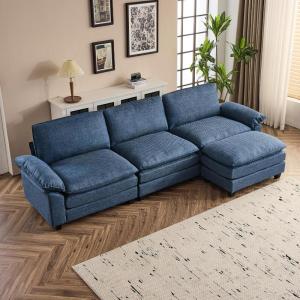image:imageVINGLI 87 Convertible Sectional SofaLShape Deep Seat Sofa Couch for Living RoomModern Chenille 2 Seat Loveseat Sofa with Ottoman for Small SpaceBlack 87Linen Blue