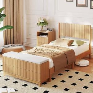 image:imageVINGLI Full Bed Frame with HeadboardFluted Wooden Platform Bed with Wingback Headboard amp Slat SupportUnder Bed StorageSolid WoodSturdy Support for BedroomBohoMidCentury Modern StyleBeigeOak