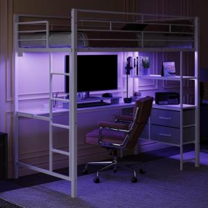 image:imageVINGLI Full Size Loft Bed with LED Lights and Charging Station Heavy Duty Metal Double High Sleeper with 15 Inches Safety Guardrail and Flat Ladder for Teens Adults Space Saving Design BlackWhite