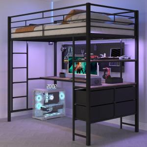 image:imageVINGLI Full Size Loft Bed with LED Lights and Charging Station Heavy Duty Metal Double High Sleeper with 15 Inches Safety Guardrail and Flat Ladder for Teens Adults Space Saving Design BlackBlack