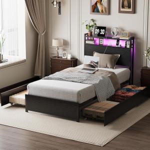 image:imageVINGLI LED Twin Bed Frame with 4 Storage Drawers and Adjustable Headboard Shelf Metal Platform Panel Bed with Charging Station for Kids Teens Adults No Box Spring Needed BlackBlack