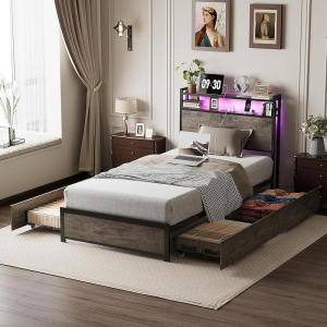 image:imageVINGLI LED Twin Bed Frame with 4 Storage Drawers and Adjustable Headboard Shelf Metal Platform Panel Bed with Charging Station for Kids Teens Adults No Box Spring Needed BlackWash Gray