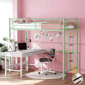 image:imageVINGLI Queen Loft Bed with Flat Rungs for Adults Kids and Young Teens No Box Spring RequiredHeavy Duty Metal Slat Support BlackGreen