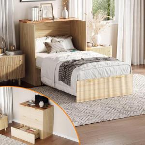 image:imageVINGLI Queen Murphy Cabinet Bed with 2 Charging StationFluted Wooden Foldable Bed with Storage DrawerBohoHideaway Paltform Panel Bed for Small SpacesGuest RoomOfficeApartmentBeigeBeige