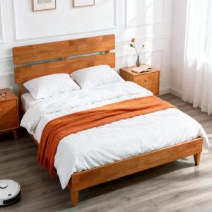 image:imageVINGLI Solid Wood Queen Size Rattan Bed Frame with Headboard Boho Platform Panel BedBrownBrown
