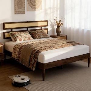 image:imageVINGLI Solid Wood Queen Size Rattan Bed Frame with Headboard Boho Platform Panel BedBrownRattan Dark Walnut