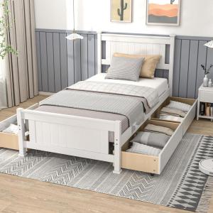 image:imageVINGLI Twin Size Bed Frame with 4 Storage Drawers Solid Wood Platform Panel Bed with Headboard SpaveSaving Twin Bed for Kids Teens Adults White