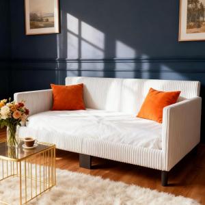 image:imageVINGLI Twin Size Daybed Frame Corduroy Upholstered Comfy Couch Sofa Bed for Bedroom Living Room Movie Room Sturdy Wooden Slats Support Soft Tufted Single Bed for KidsTeens Adults Beige White