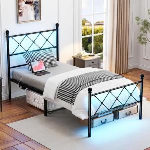 image:imageVINGLI Twin Size Metal Bed Frame with LED Lights amp Charging Station Heavy Duty Platform Bed with headboard for Kids Adults amp Guests No Box Spring Needed Matte BlackBlack