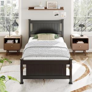 image:imageVINGLI Twin Size Solid Wood Bed with 4 Storage Drawers and HeadboardModern Minimalist Panel Platform Bed for KidsAdults amp GuestsSleigh BedCrisp WhiteBlack